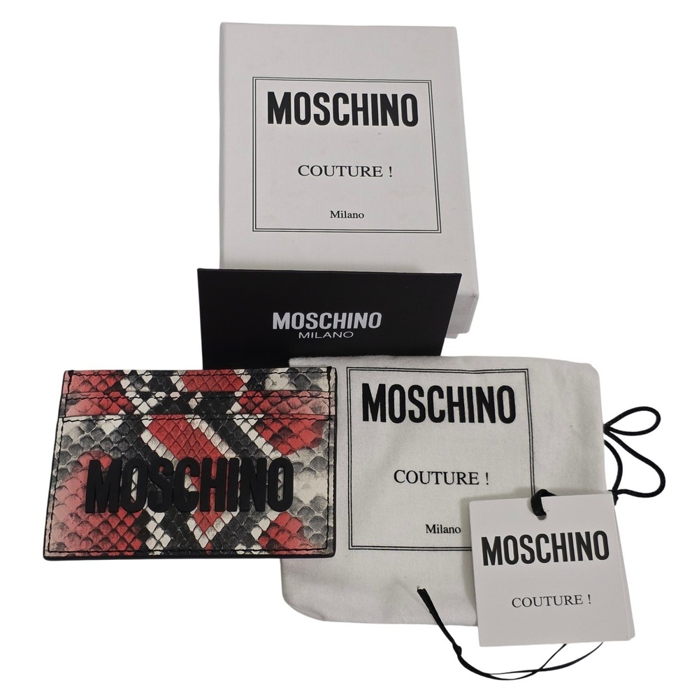 MOSCHINO Couture Card Holder Snakeskin Print Leather Red Black New